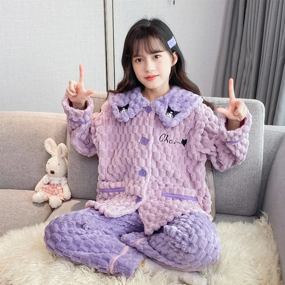 Kuromi Pochacco Anime Sanrioed Children Plush Pajamas Parent-Child Autumn Winter Korean Style Kawaii Flannel Homewear Clothes