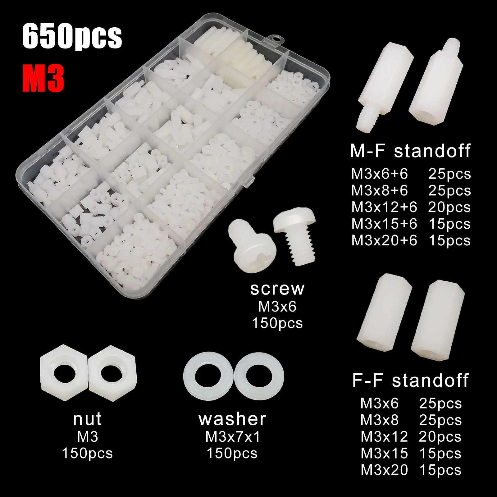 1 doos Plastic Nylon Hex Hexagon Spacer Kolom Standoff Schroef Moer Ring Kit Set voor PCB Moederbord M2 M2.5 M3 M4 Zwart Wit