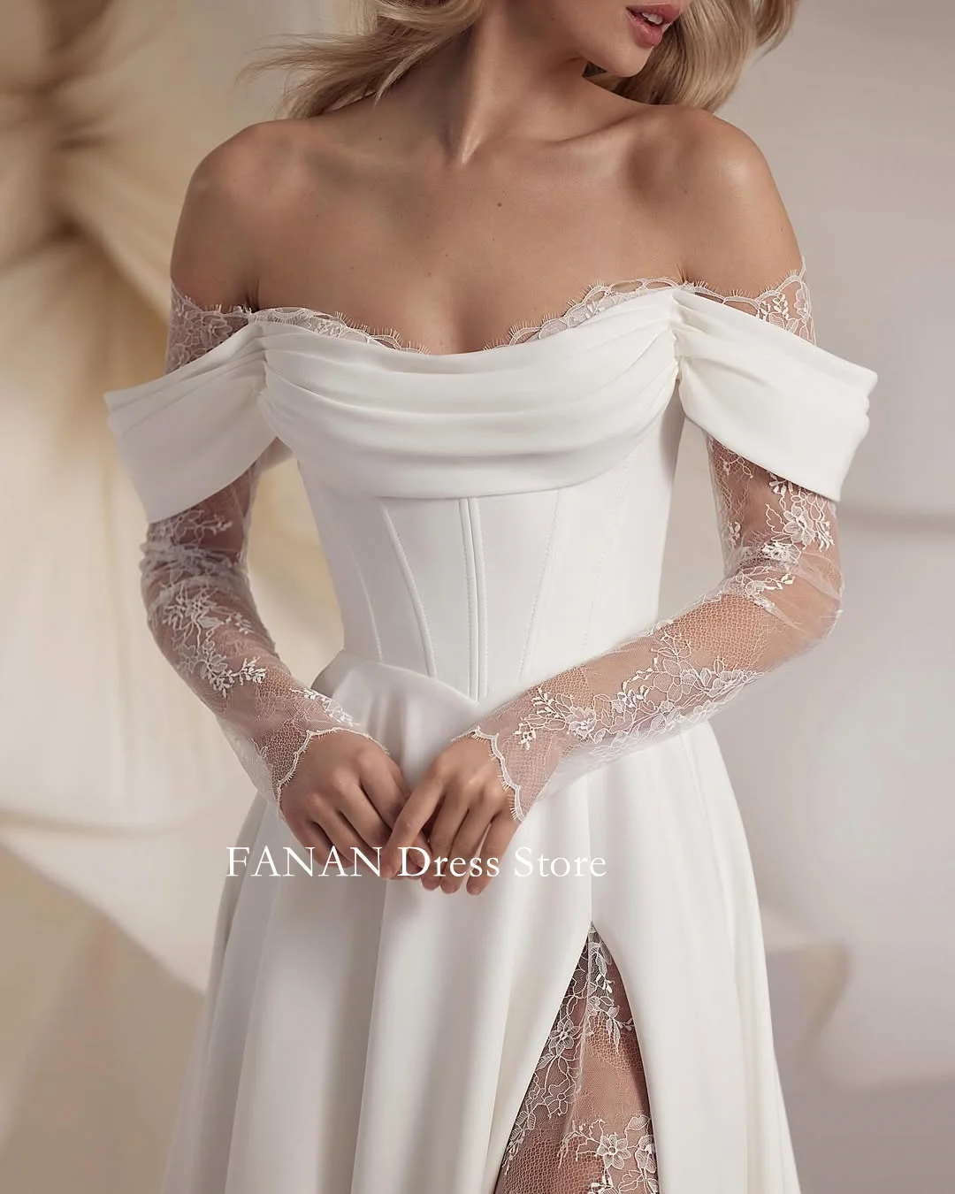 Fanan elegante boho kanten trouwjurk uit de schouder aangepaste illusie achterkant split bruids feestjurk vestidos de novia