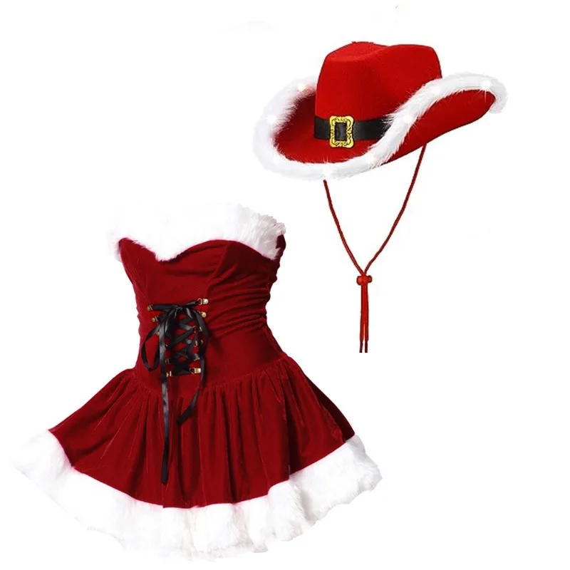 Women Christmas Santa Costume Strapless Velvet Mini Dress with Furry Trim Cowboy Hat Set for Xmas Holiday Party Fancy Outfit