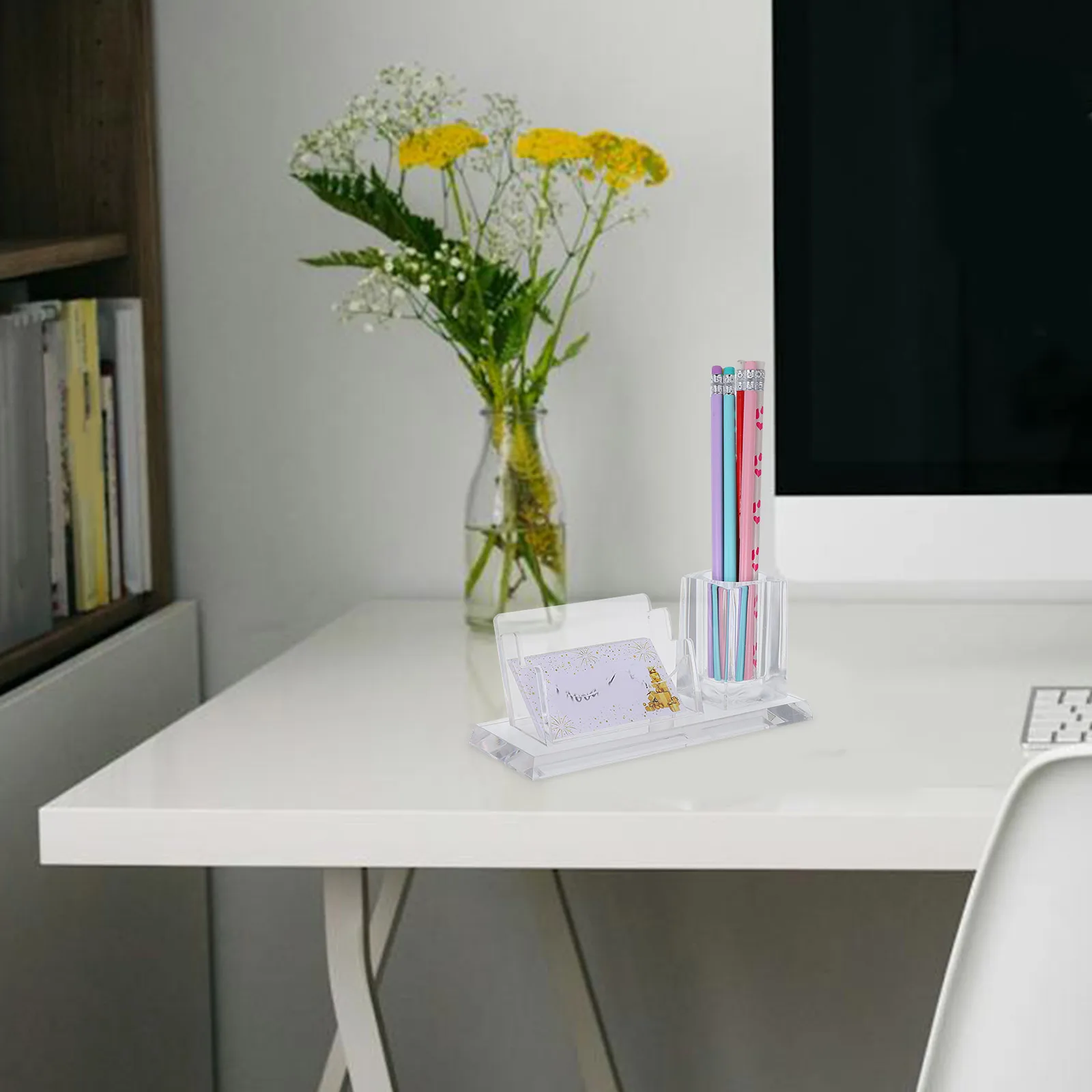 

Business Card Box Pen Holder Cards Desk Organizer Desktop Acrylic Display Rack Holders Office for
