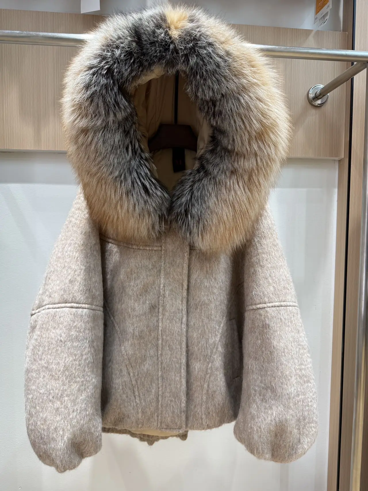 معطف نسائي بياقة من الفرو من القماش الصوفي من Goose Down Puffer Jaet ort Thiened مع قبعة وياقة من الفرو #4