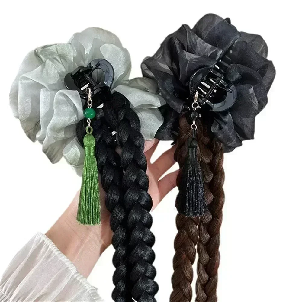 1pcs Synthetic Wig China Style Net Yarn Bubble Bow Hairpin Double Twist Wig Braid Hair Shark Clip Headdress