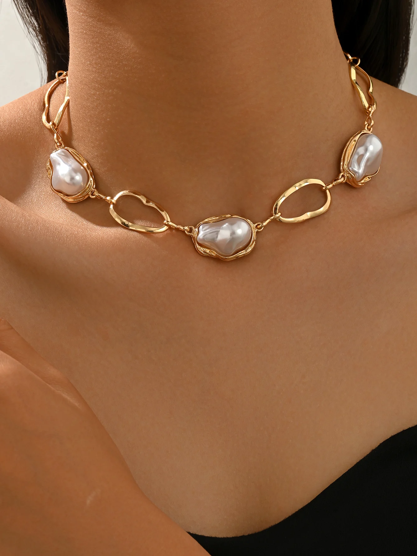 Barocke Kunstperlen-Choker-Halskette Vintage Gold Lange Y-förmige Lariat-Halskette Unregelmäßige Verstellbare Statement-Modeschmuck für Frauen – Detail 9