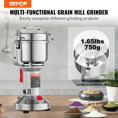 Molino Eléctrico de Granos de 750g, Molinillo Comercial de Especias de Alta Velocidad 2000W, Pulverizador de Acero Inoxidable, Máquina para Hacer Polvo