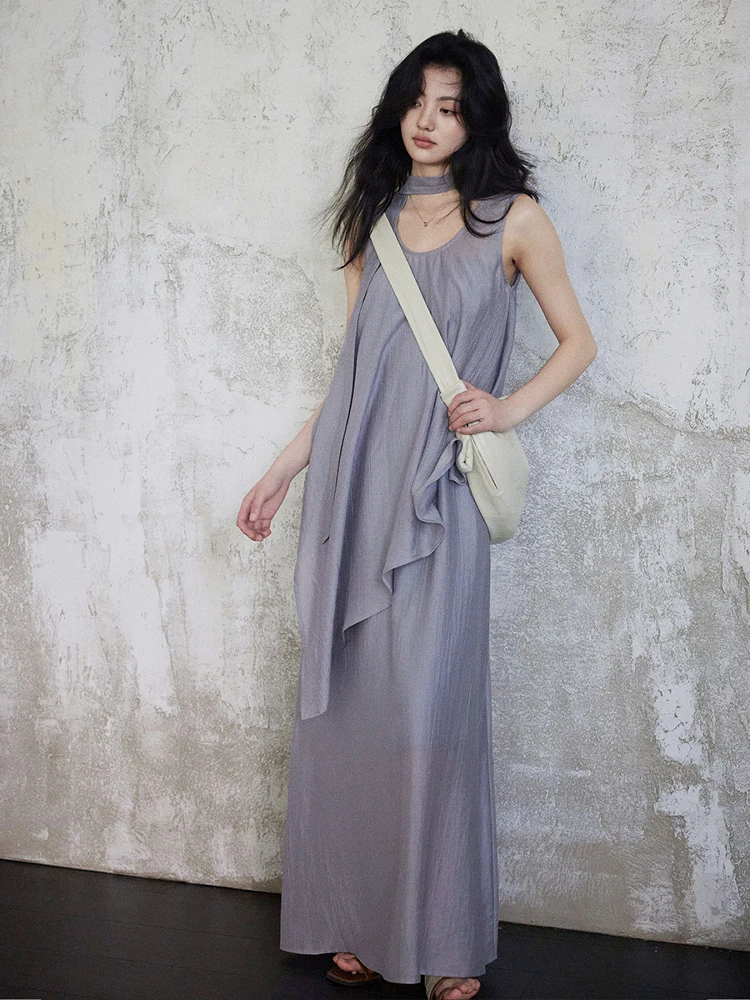 

Elegant Lazy Style Unisex Tank Top Maxi Skirt Two-Piece Set Summer Fashion Casual round Neck Sleeveless Silk Draped Gown