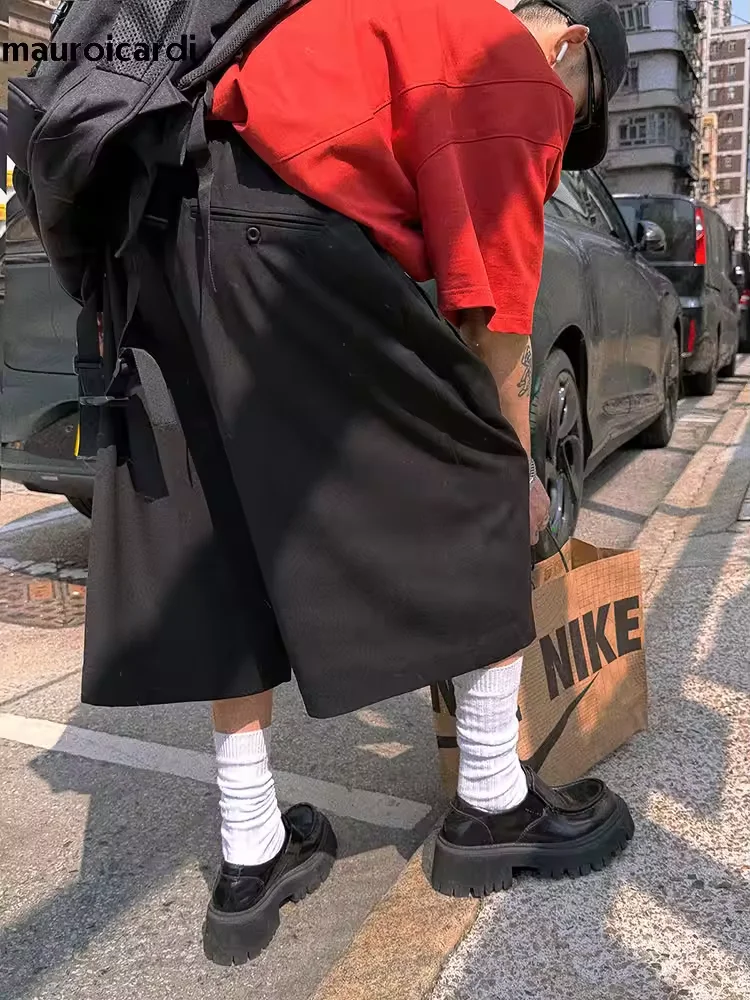 

Mauroicardi Spring Summer Baggy Casual Black Soft Flowy Wide Leg Shorts for Men Elastic Waist Loose Luxury Designer Clothes 2026