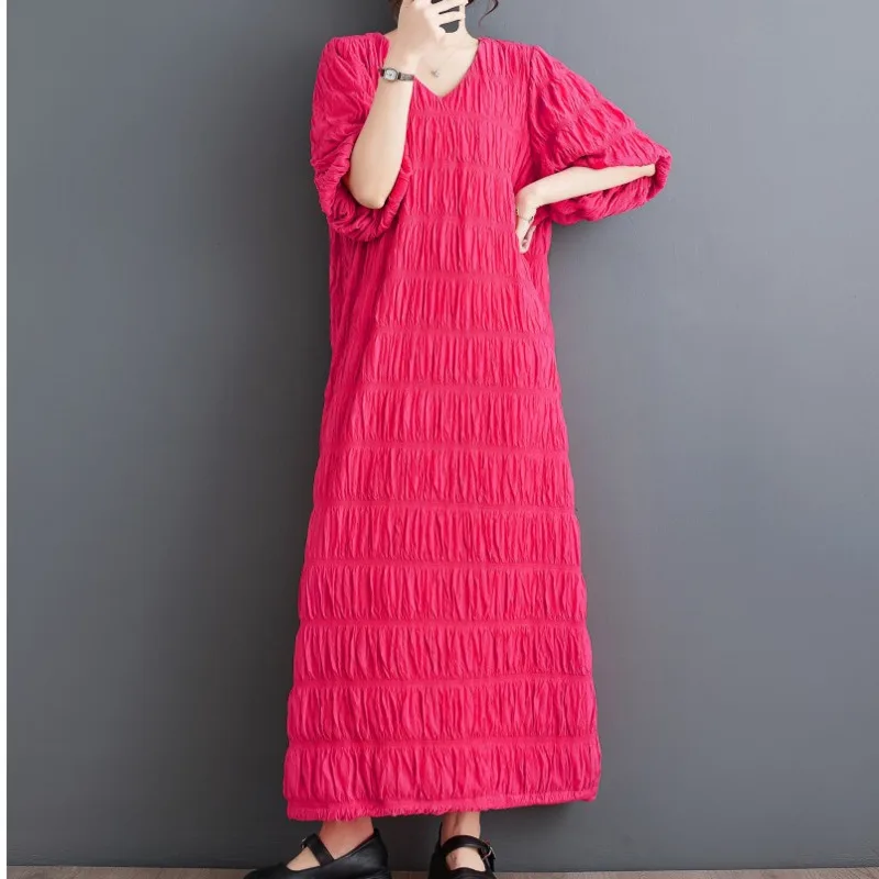 #6595 Pleated Long Dress Half Sleeve Loose Straight Vintage Dress V-neck Ankle-length Ladies Dresses Spring Summer