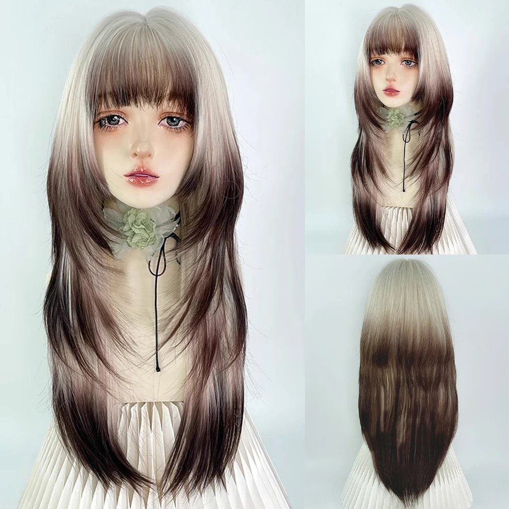 

Ombre Beige Brown Layered Hime cut Wig Synthetic Long Straight Fluffy Women Lolita Cosplay Hair Wig with Bangs for Daily Party