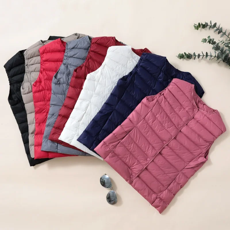 Plus Size Down Vest Liner Women's Lightweight 2024 New Down Jacket Short Vest Collarless Light Round Neck Waistcoat