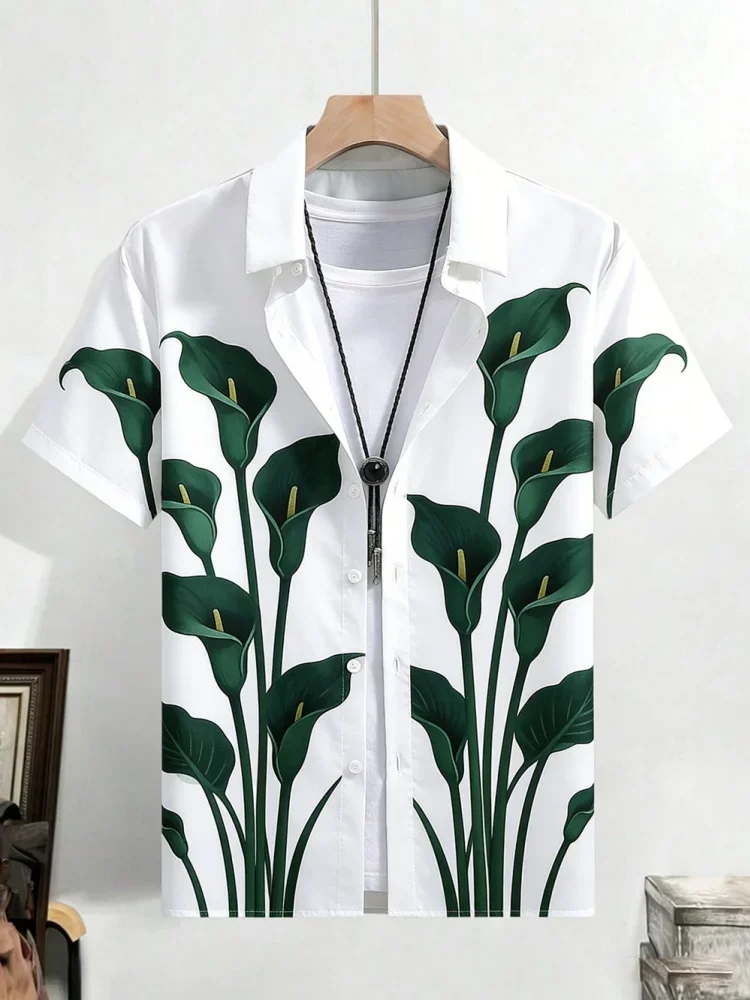 Men's Fashion Simple Short Sleeve Shirt Natural Plant High Definition Printed Shirt Hawaiian Casual Social Clothing For Men
