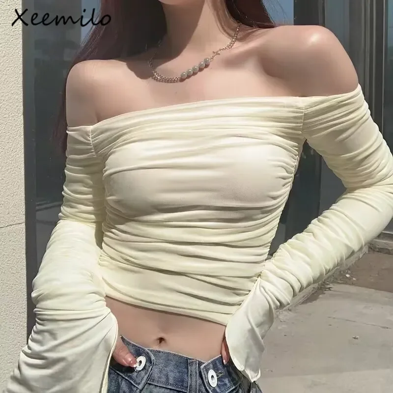 

New Mesh Ruched Long Sleeve T Shirt Sexy Off Shoulder Bodycon Women Streetwear Crop Tops 2025 Summer Solid Elegant T-shirts