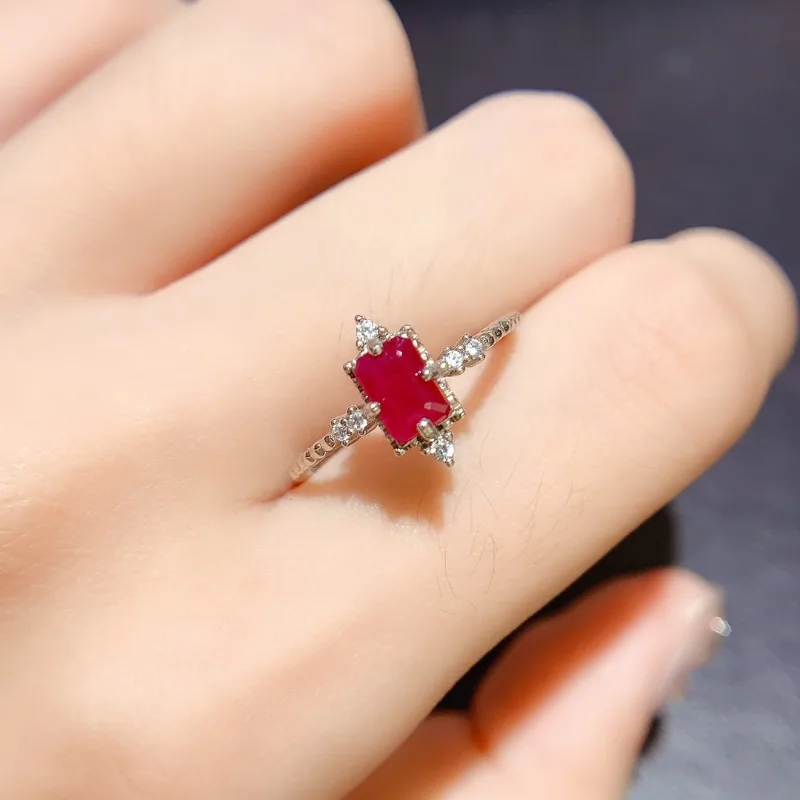 YULEM Natural New Burning Pigeon Blood Ruby Gemstone Fashion Rectangle Ring for Women Real 925 Sterling Silver Fine Jewelry