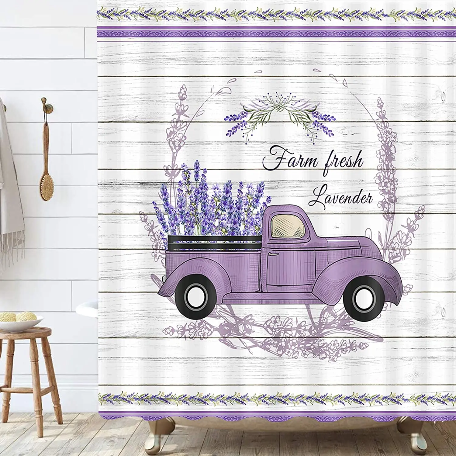 Farmhouse Purple Floal Shower Curtain Spring Lavender Flower on Vintage Truck Country Rustic Fabric Bathroom Curtains