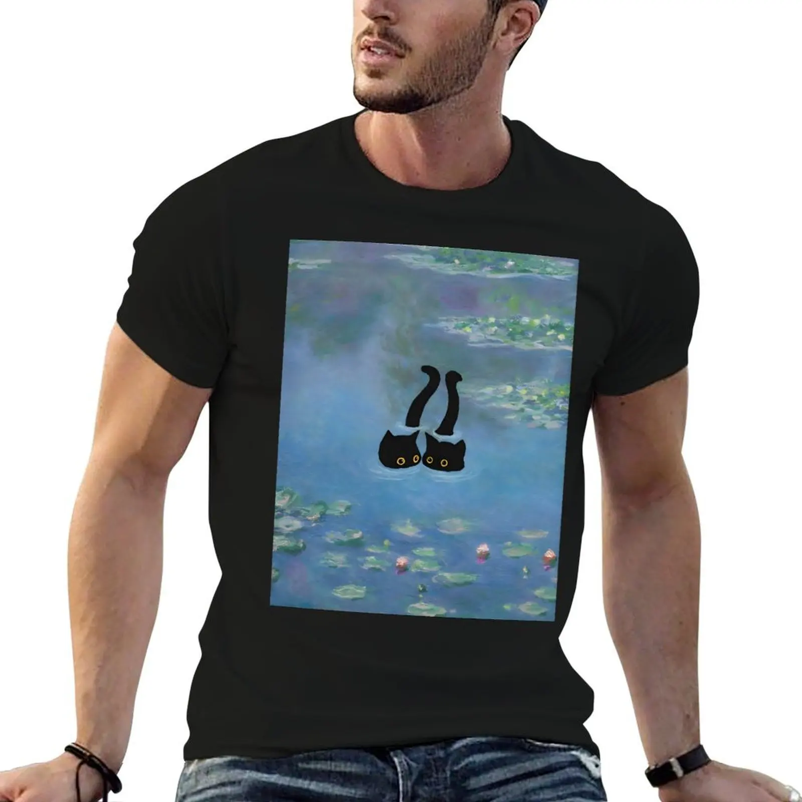 Two Cat Print Monet Waterlily T-Shirt sports fans Blouse workout shirts for men