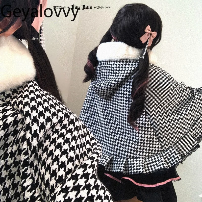 

Autumn Winter New Plaid Pom-Pom Button Hooded Fleece-Lined Small Cape Sweet Girls Versatile Bow Lace Loose Short Cloak Coat