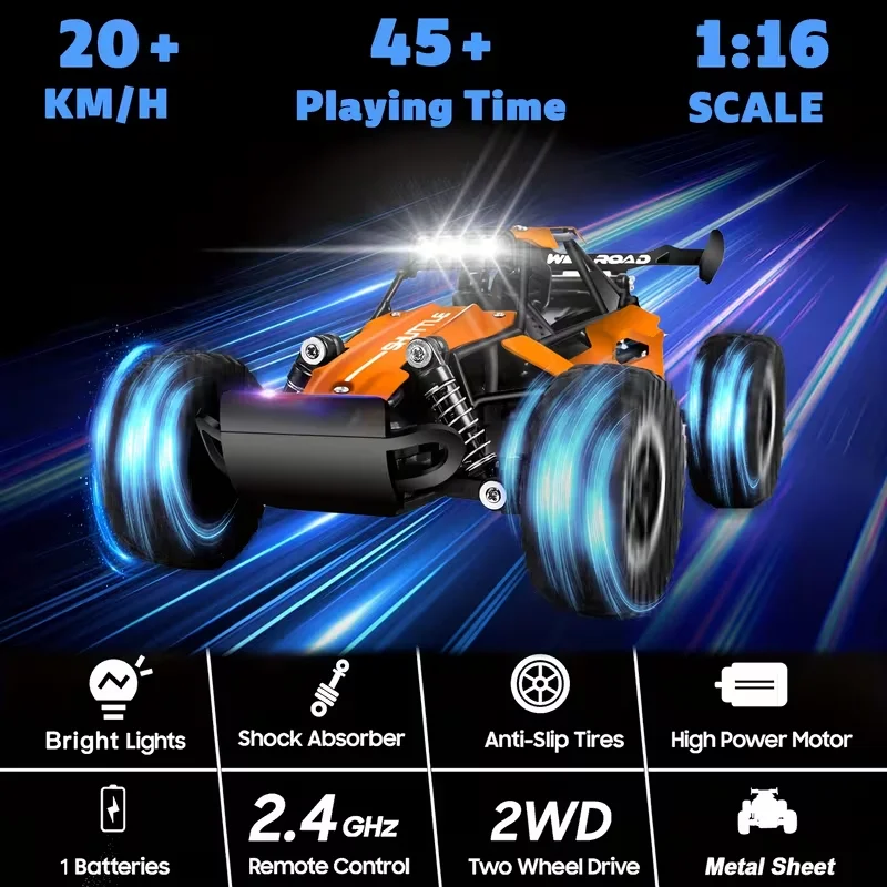 Rc Cars 1:16 2WD Off-Road RC Truck All Terrain 2.4G Electric RC Car High Speed 20KM/H Remote Control Car with LED Lights Kid Toy