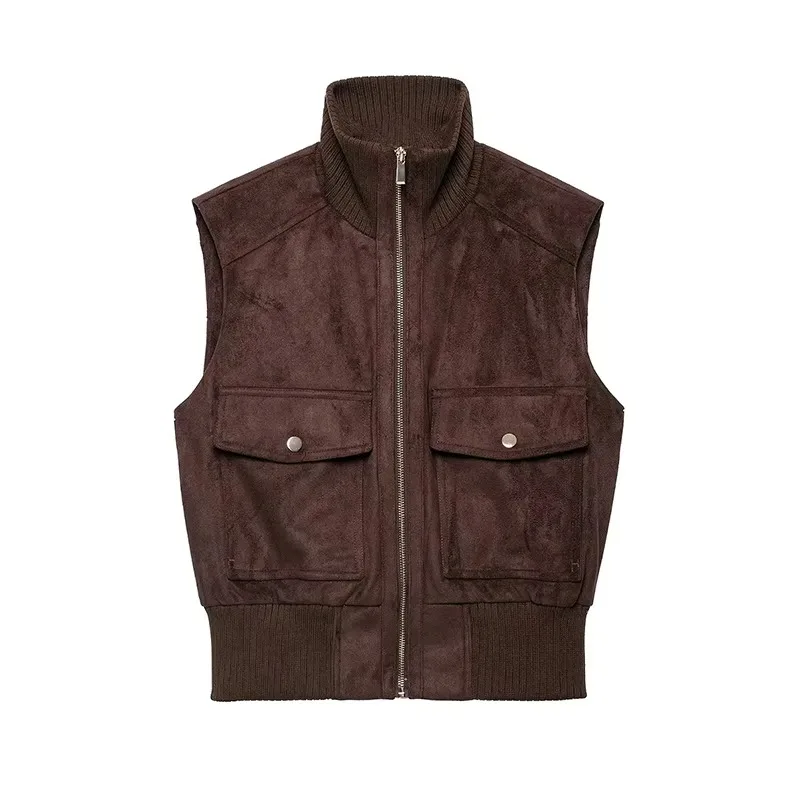 Guobioziy Women Suede Vest Coat Autumn Fashion Stand Collar Sleeveless Minimalist Style Casual New Outerwear