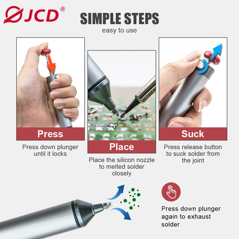 Imagem -02 - Jcd-alumínio Poderosa Desoldering Bomba Sucção Tin Gun Solda Otário Pen Remoção Ferro de Solda de Vácuo Solda Reparação Ferramentas