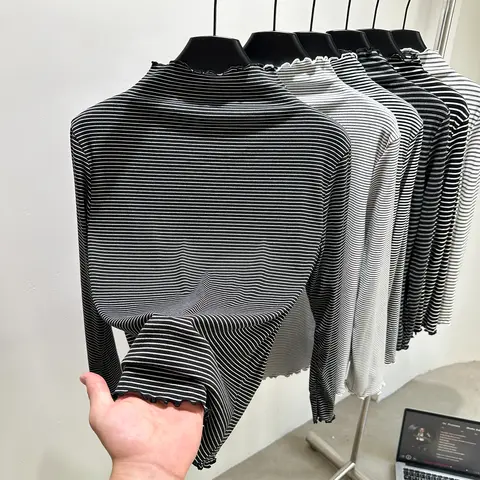 두꺼운 플리스 긴팔 티셔츠 여성용 가을 겨울 하프 하이 칼라 따뜻한 베이스 셔츠 스트라이프 이너웨어 캐주얼 슬림핏