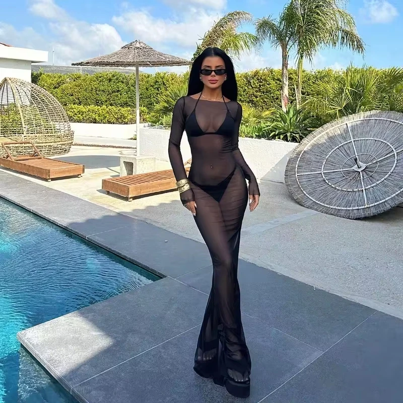 

Women Slash Neck Mesh See-Through Dress New Sexy Slim Pullover Long Sleeve Floor-Length Solid Dresses Beach Style Swimsuit Cover