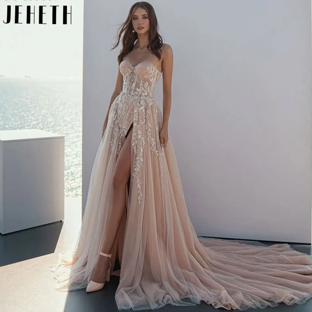 JEHETH Beach Champagne Sweetheart Neck Wedding Dresses 2024 Sexy Backless Sleeveless Bridal Gowns Lace Appliques Robe De Mariee