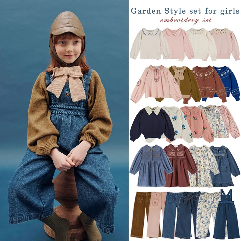 

Children's Sweater Set 2025 Autumn EM Series Girls' Country-style Embroidered Flower Shirt Long Pants Overpants and Dress Set