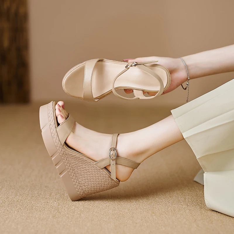 LIHUAMAO leather wedge sandals women high heel sadnals platform shoes casual block heel pumps