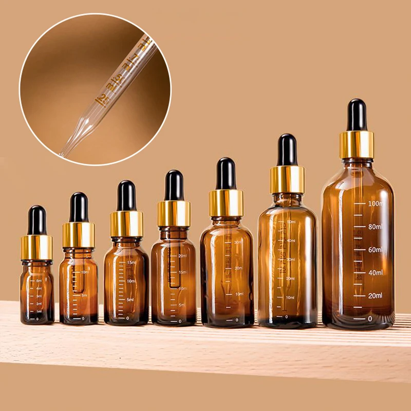 5ml-100ml Dropper Bottles With Scale Reagent Eye Drop Amber Glass Aromatherapy Liquid Pipette Bottle Refillable Bottles Travel