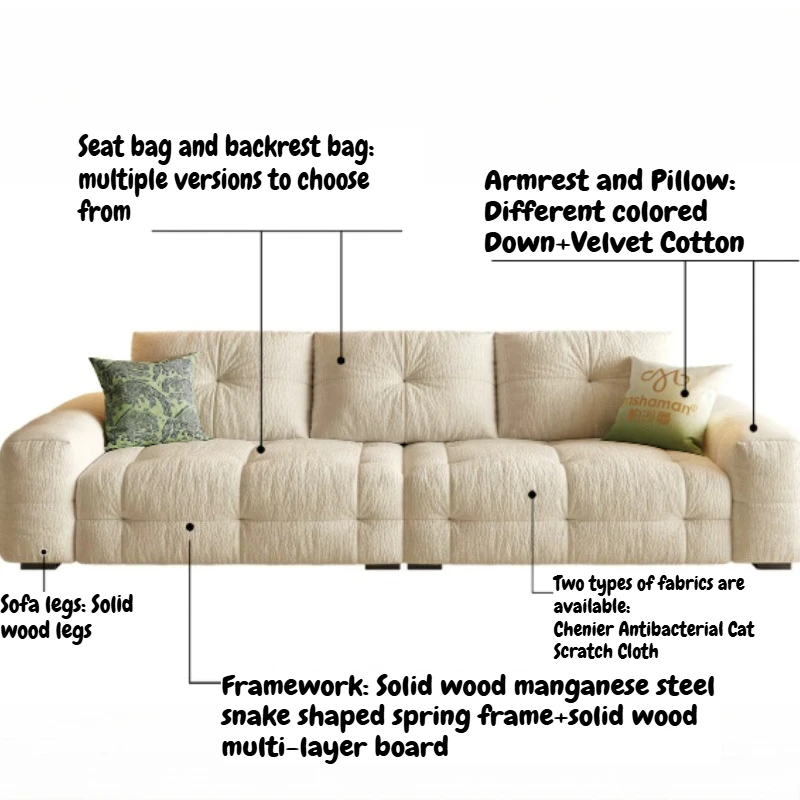 Cream Style Cloud Sofa Modern Minimalist Living Room 3 Seater Block Sofa With Adjustable Backrest Couch Apartment Home Furniture