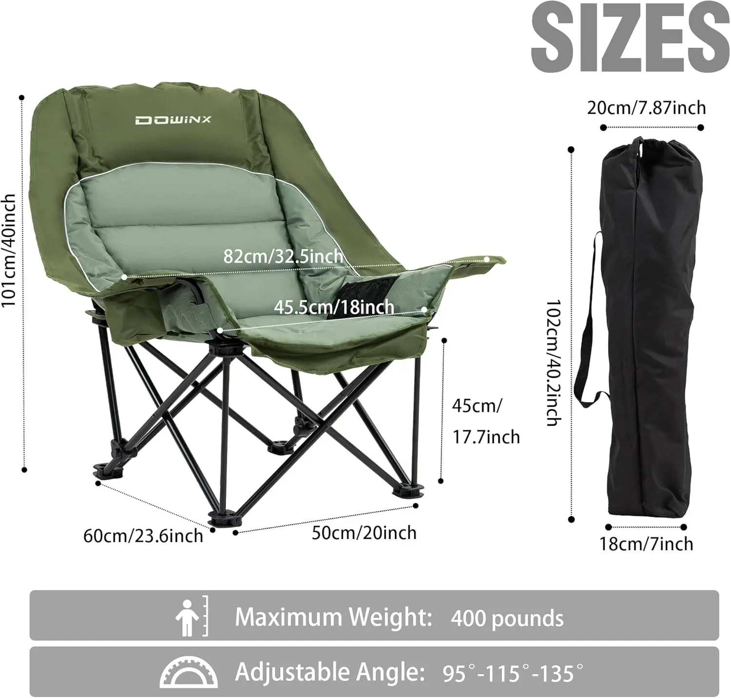 Dowinx Oversized Camping Chair for Adults, Folding with 3 Adjustable Levels, Heavy-Duty 600D Fabric, 400-lb Capacity, Cup Holder