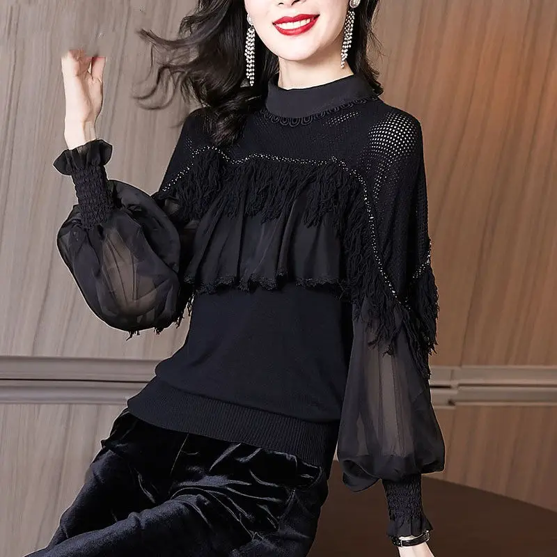 Women\'s Vintage Sexy Hollow Tassels Bright Silk Knit Patchwork Blouses Korean Fashion Elegant Ruffle Black Long Sleeve Slim Tops