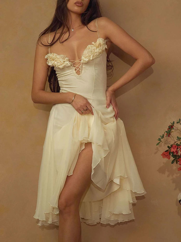Floral Patchwork Backless Party Dress Elegant Women's V-neck Birthday Long Dresses Summer Sexy Camisole Slim Fit Irregular Dress - Image 3