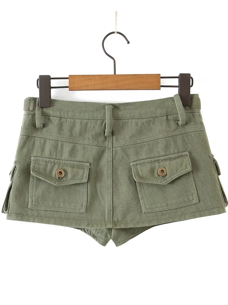 Willshela Women Fashion With Pockets Army Green Front Zipper Cargo Mini Skirts Shorts Vintage Mid Waist Female Chic Lady Shorts