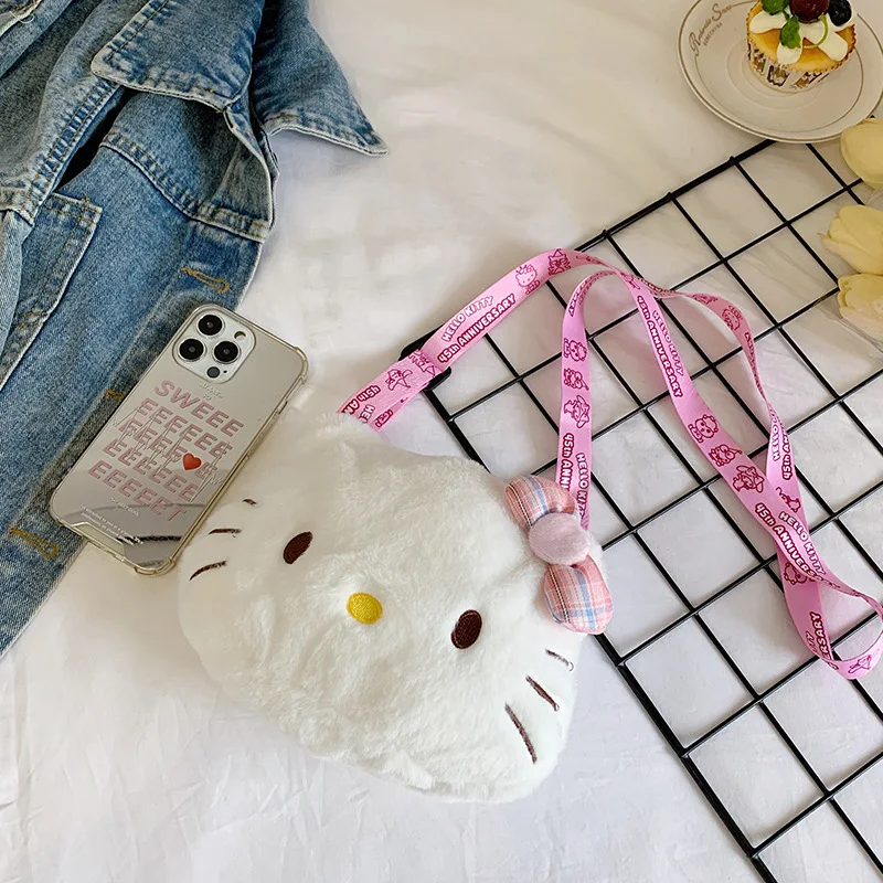 Sanurgente-Sac messager en peluche Hello Kitty pour filles, porte-monnaie Anime de dessin animé mignon, sac à cosmétiques de transport, cadeau de vacances, mode questionTo