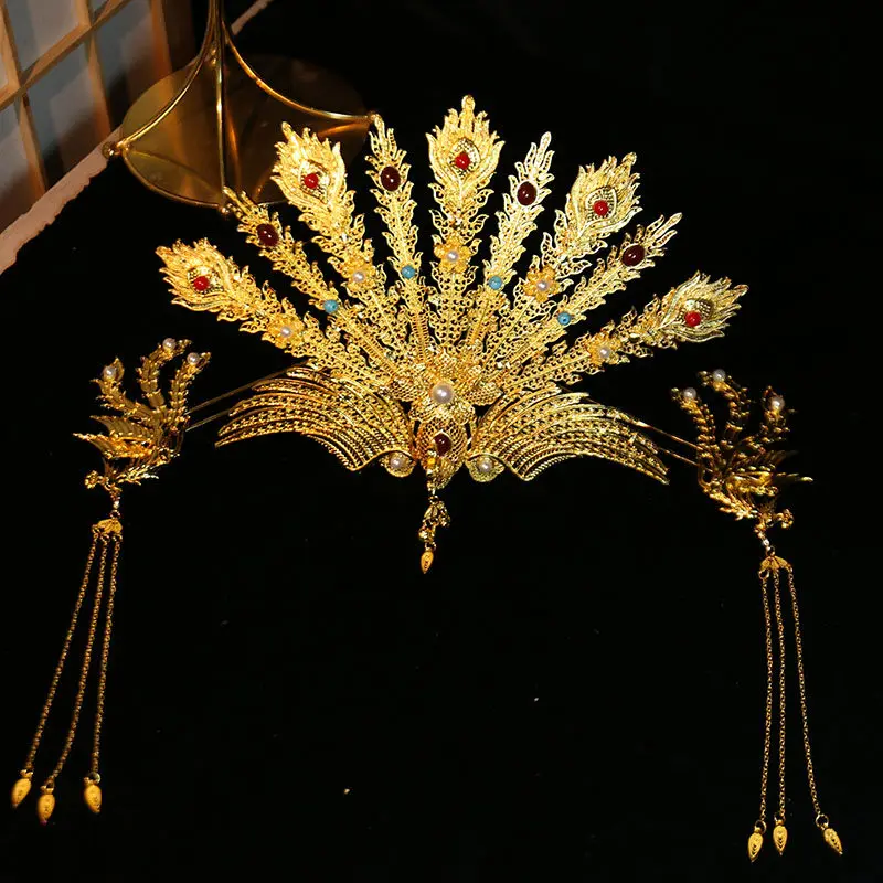 Ancient Style Golden Phoenix Hair Crown Thread Magnificent Headwear for Wedding Hanfu Women's Phoenix Hairpin Accessories