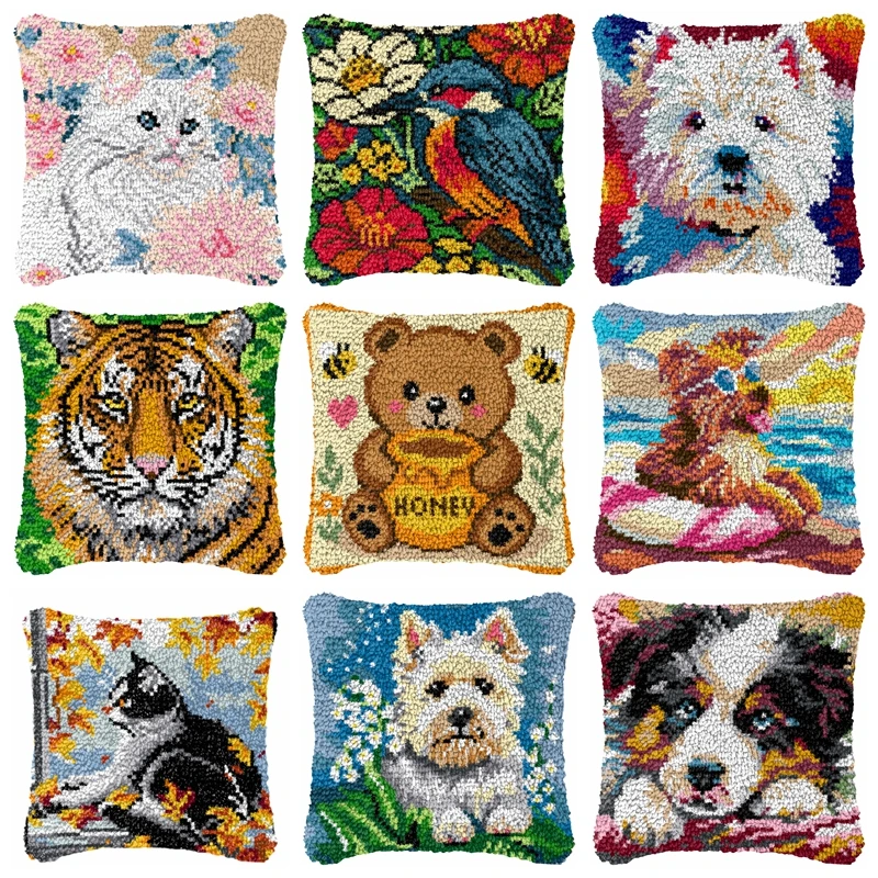 DIY Cute Animal Latch Hook Kit Smyrna Embroidery Cartoon Dog Carpet Pillow Cushion Button Package for Sofa Bedroom Home