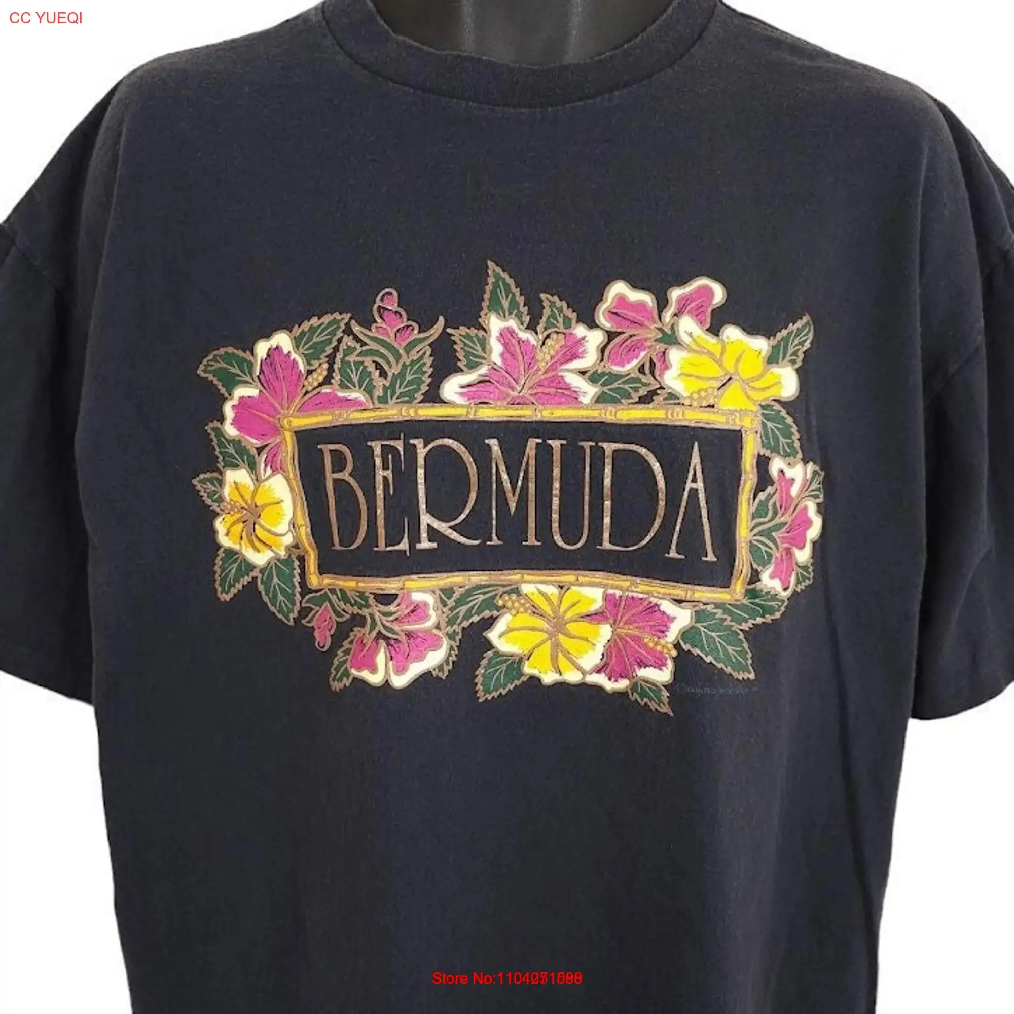 Vintage Bermuda T Shirt Mens Size XL Black 90s Tropical Destination Made In USA long or short sleeves