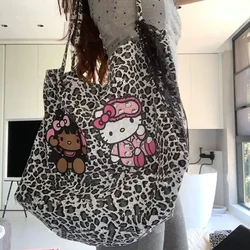 Hello Kitty Leopard Tote Bag Anime Sanrio Y2K Handbag Kawaii High-Capacity Shoulder Bag Cartoon Women Bags Axillary Pouch Gift