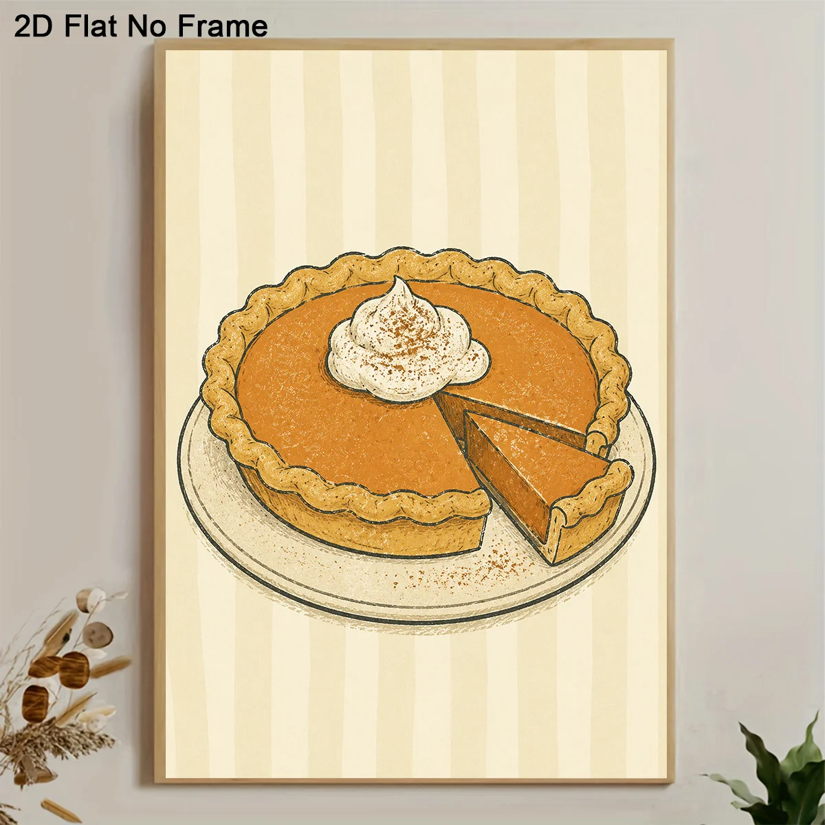 2D Flat, 2D Flat, 1pc Frameless Canvas Poster, Delicious Pumpkin Pie with Whipped Cream Illustration Wall Art Canvas Painting