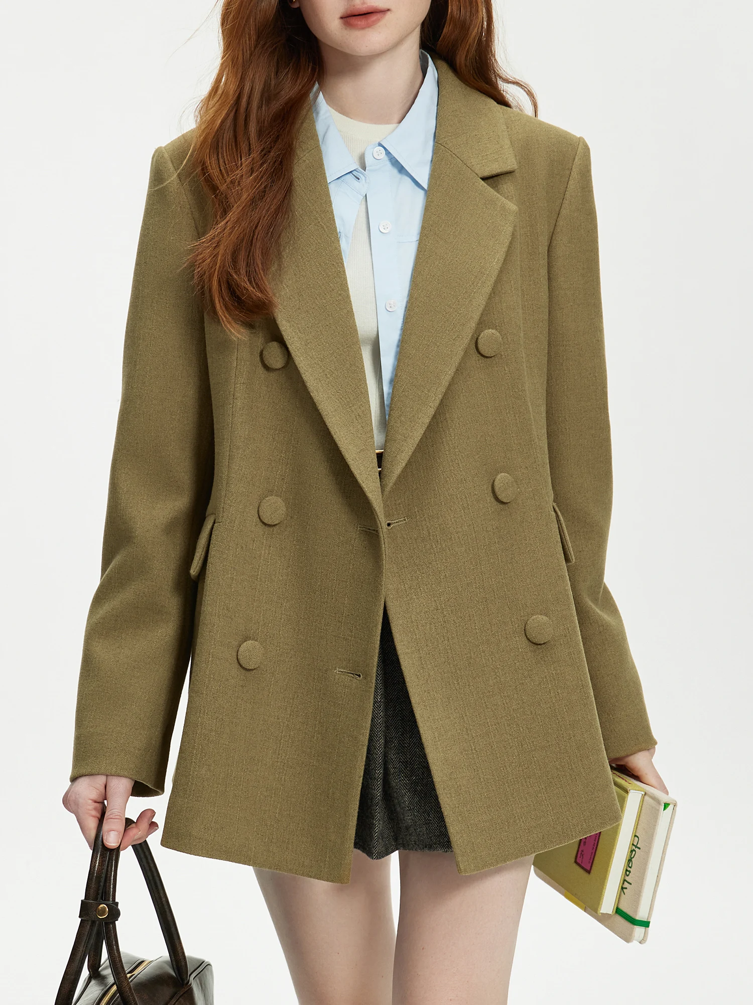 FSLE 3.5% Wool Women Brown Blazer Coats Notched Collar Double Breasted Button Female Slim Waist Front Shoulder Coat 24FS14489