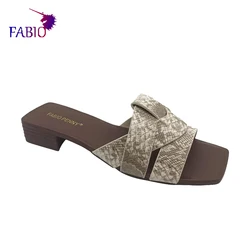 Chinelos de salto baixo de pele de cobra para mulheres, Toe Soft Surface, Sapatos de jantar feminino, verão