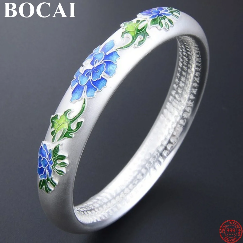 

BOCAI S999 Sterling Silver Bracelets 2023 New Fashion Jewelry Cloisonne Flower Heart Sutra Argentum Bangle for Women