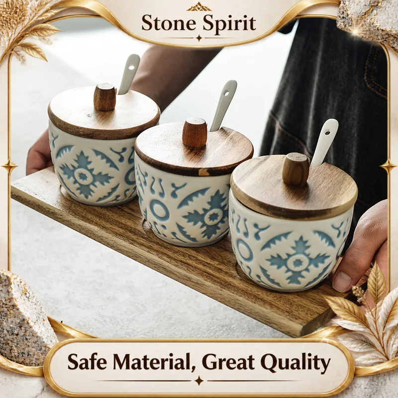 【Premium】Kitchen Spice Box Set with Spoon, Ceramic Seasoning Jar, Sugar Salt Shaker, Embossed Round, 3 Pcs