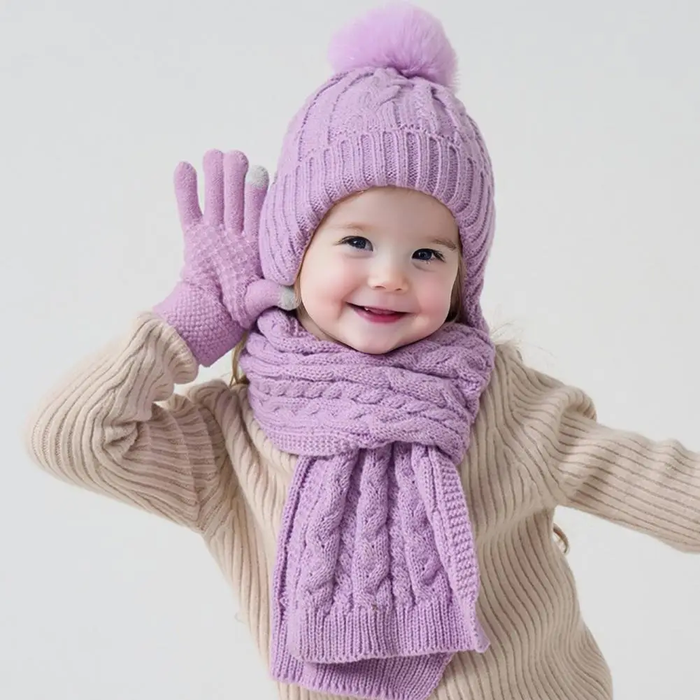 Knitted Hat Scarf Glove Set 3pcs Kids Winter Accessories Set Plush Ball Hat Twist Texture Scarf Warm Gloves for Weather Cozy