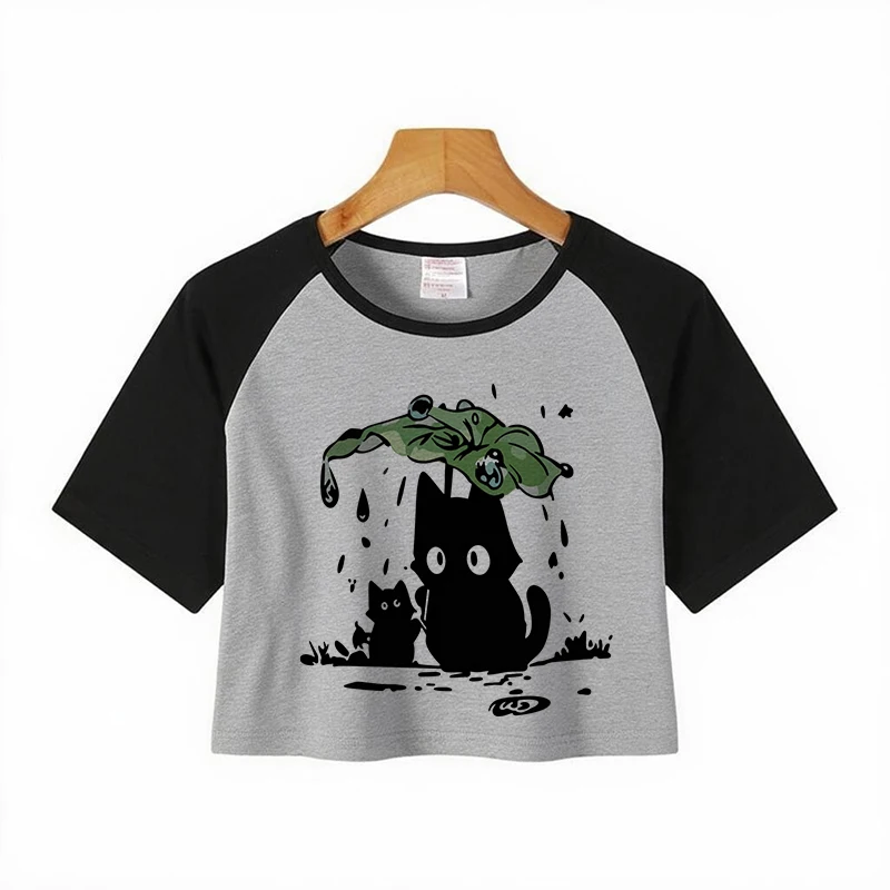 Raglan Sleeve Crop Tops with Kitten Rain Umbrella Design Women's Y2K Vintage Cat and Umbrella Print Cropped T-Shirt 90s Clothes