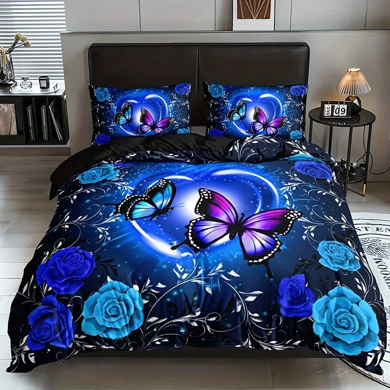 

Blue Butterfly Floral Heart Duvet Cover Set - Includes 1 Duvet Cover and 2 Pillowcases Breathable Machine Washable