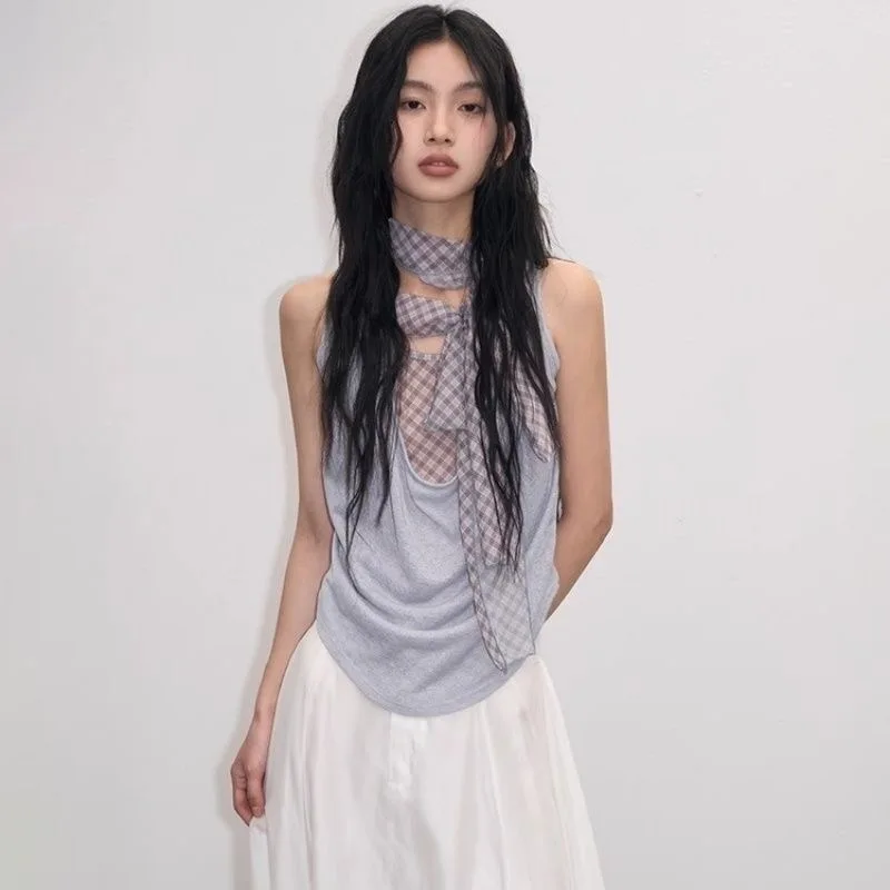 2025 Y2K Checkered Patchwork Fake Two-piece Camisole Vest Female Summer New Fashion Korean Style Loose Short Sleeveless Top