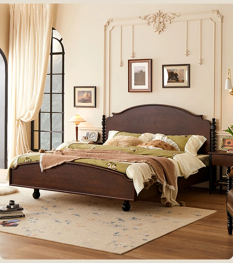 

French retro solid wood bed double medieval home bedroom single bed