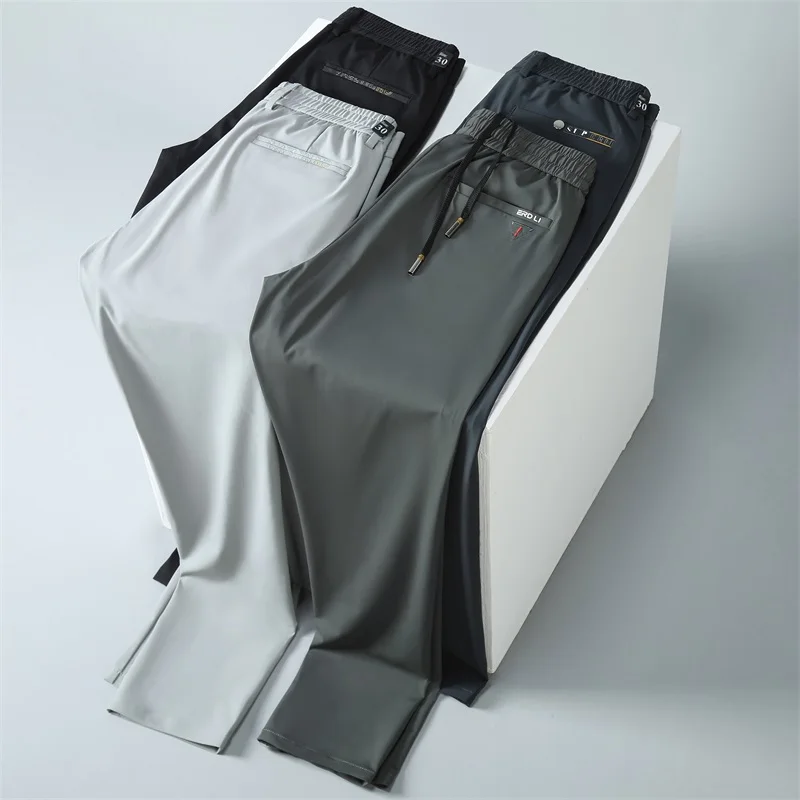 Men's Thin Ice Silk Pants Casual Business Simple Solid Color Men's Straight Pants Casual Outdoor Loose Breathable Pants